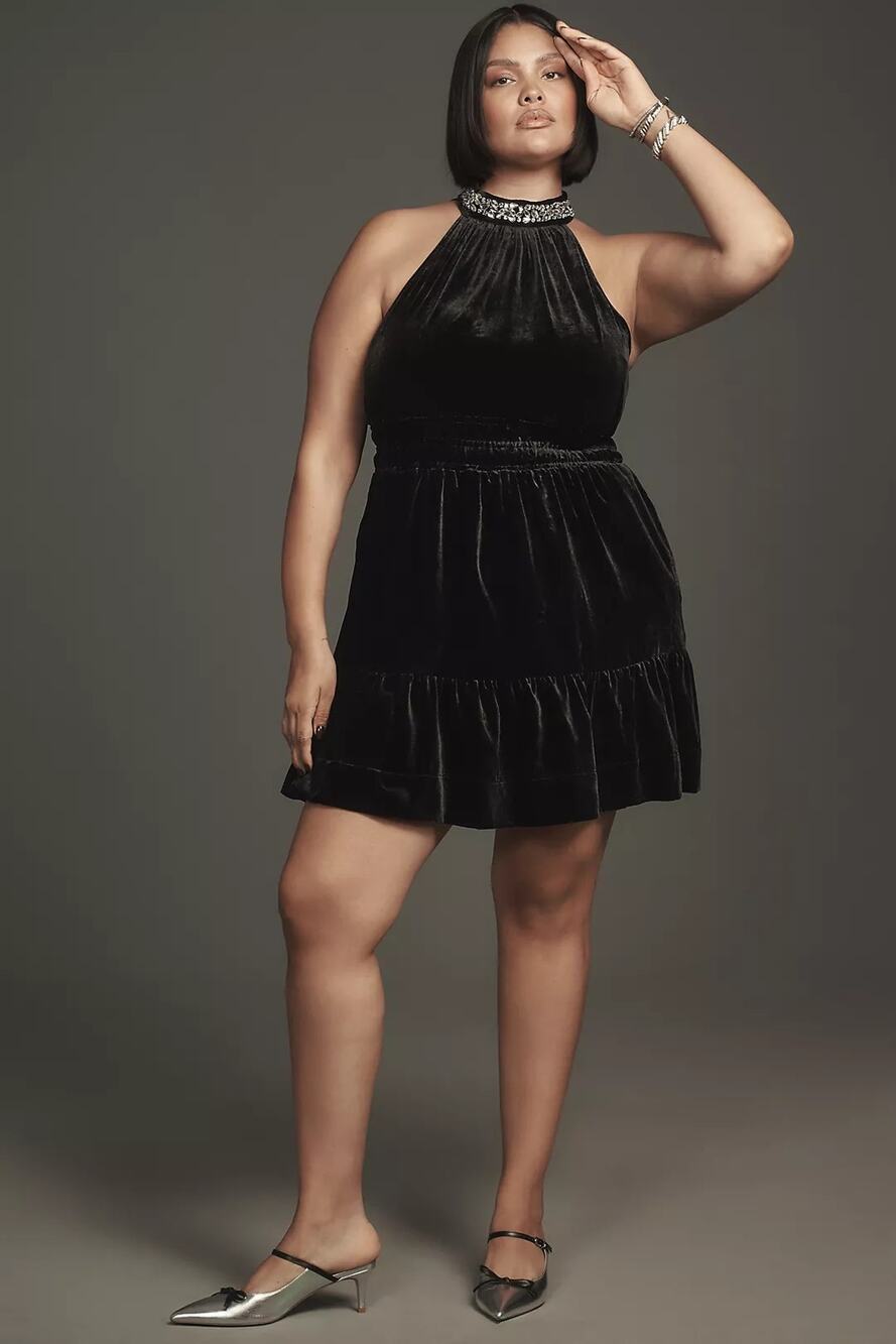 NWT Anthropologie The Somerset Mini Dress: Velvet Halter Edition $168 1X Black
